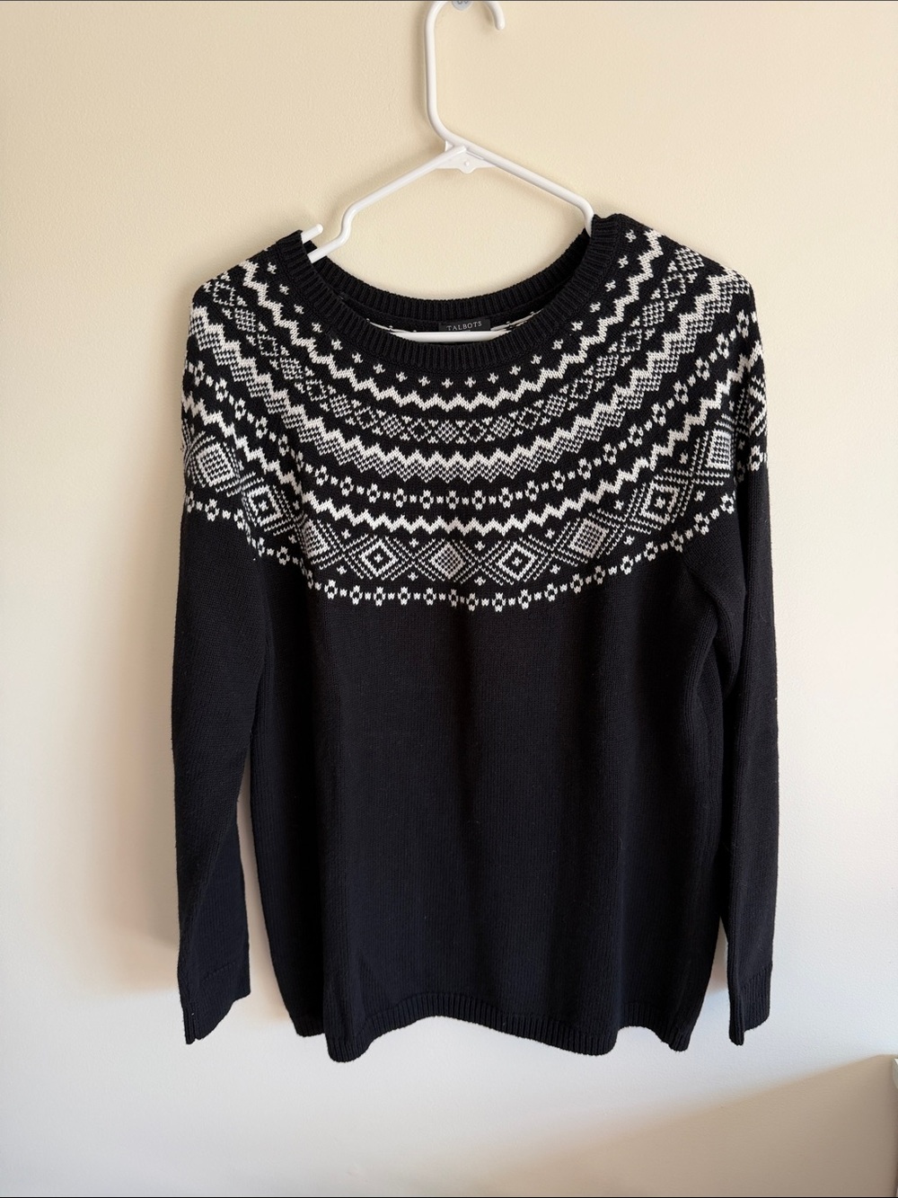 Talbots Black and White Fair Isle Crewneck Sweater